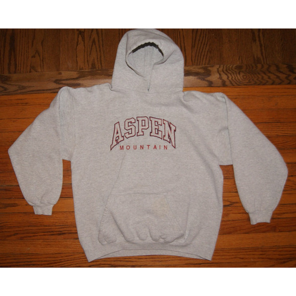 VINTAGE 90s Aspen Mountain Colorado Skiing Hoodie Mens L Gray Sweatshirt USA - Picture 2 of 8
